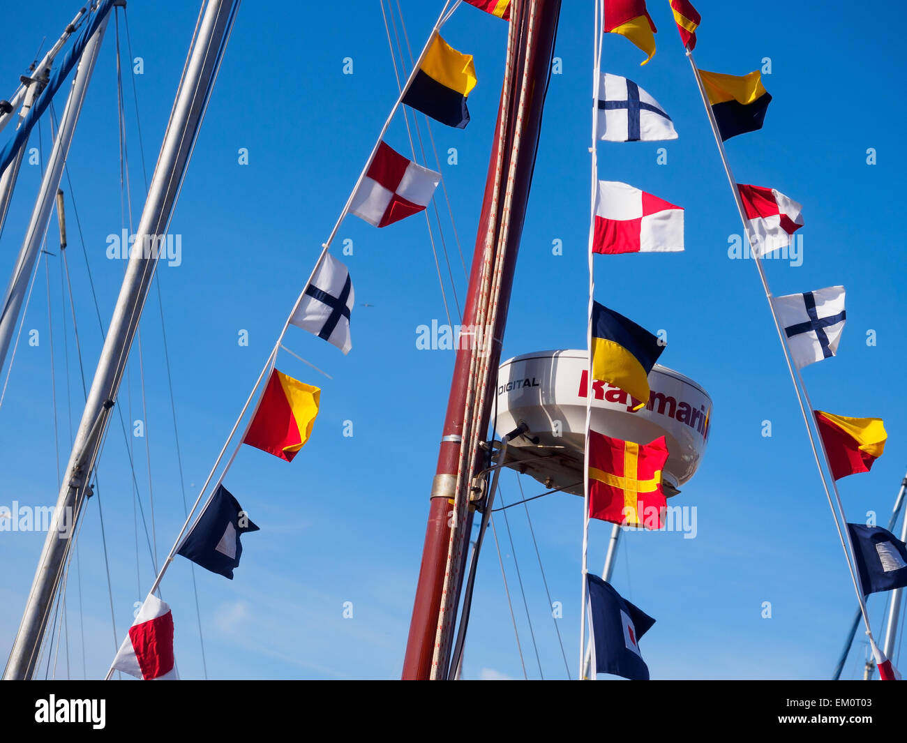 Colourful flags and pennants on a boat. Stock Photo