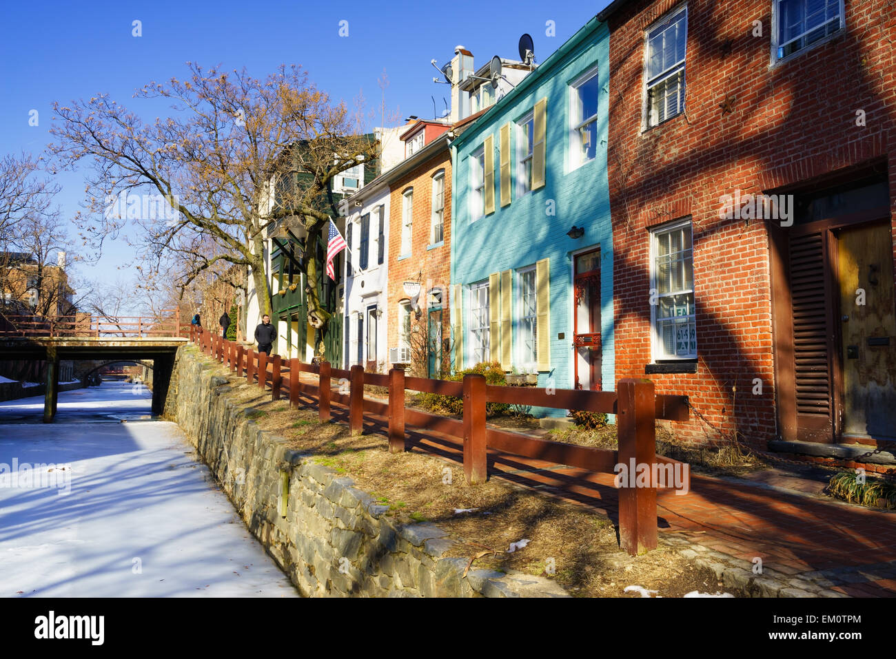 Colorful old houses beside the Chesapeake and Ohio (C&O) canal in the historic area of Georgetown, Washington DC, USA. Stock Photo