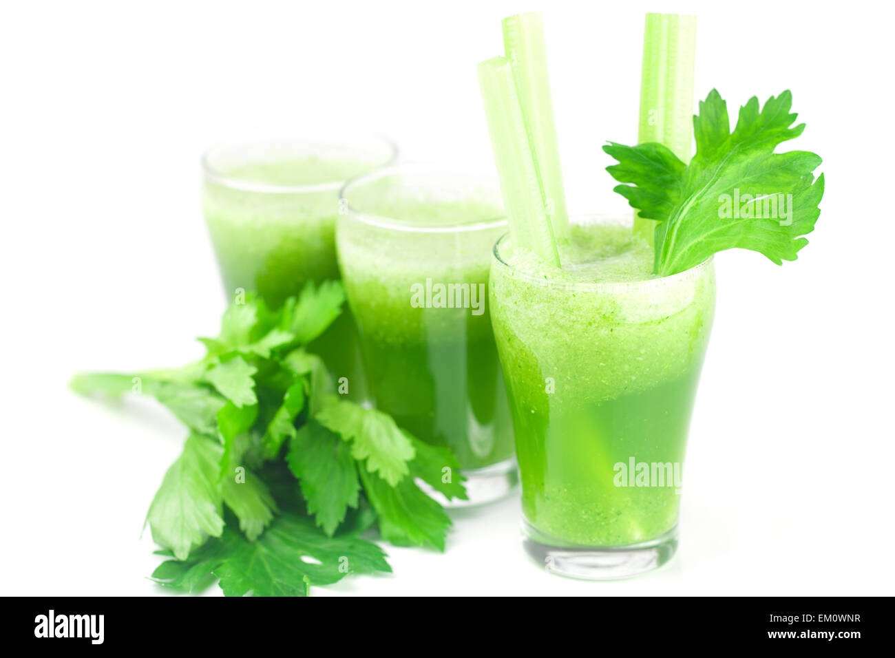 celery and three glasses with celery juice isolated on white Stock