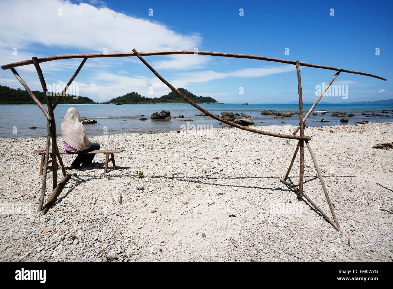 Beach,Sitting,Indonesia,Woman,Aceh Province Stock Photo