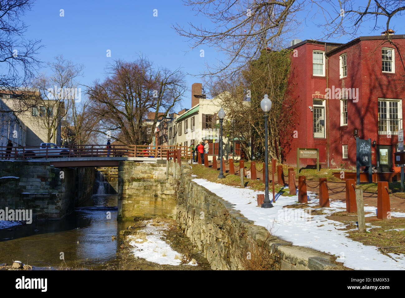 Colorful old houses beside the Chesapeake and Ohio (C&O) canal in the historic area of Georgetown, Washington DC, USA. Stock Photo