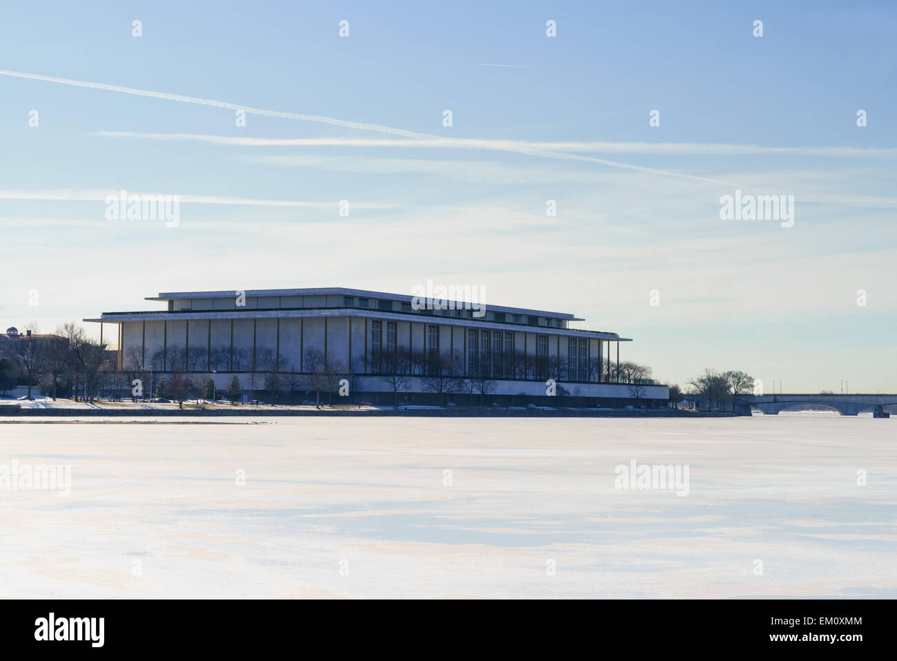 The Kennedy Center next to the Potomac river frozen with ice in winter. Washington DC, USA. Stock Photo