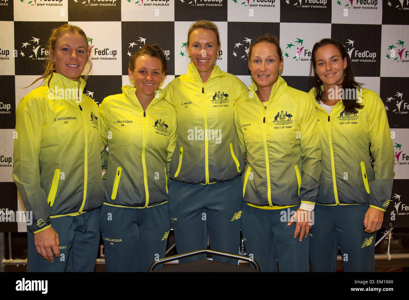 Den Bosch, Netherlands. 15th April, 2015.  Maaspoort, Fedcup Netherlands-Australia,    Australian team l.t.r.: Olivia Rogowska, Casey Dellacqua, captain Alicia Molik, Samantha Stosur and Jarmila Gajdosova. Photo: Tennisimages/Henk Koster Credit:  Henk Koster/Alamy Live News Stock Photo