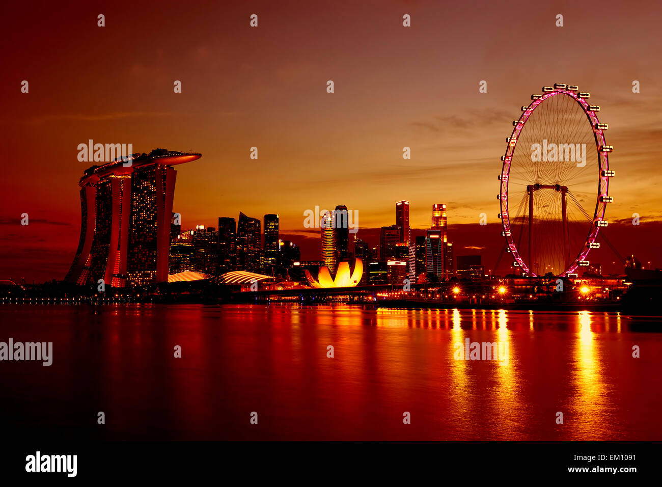 Skyline and singapore flyer at night hi-res stock photography and ...