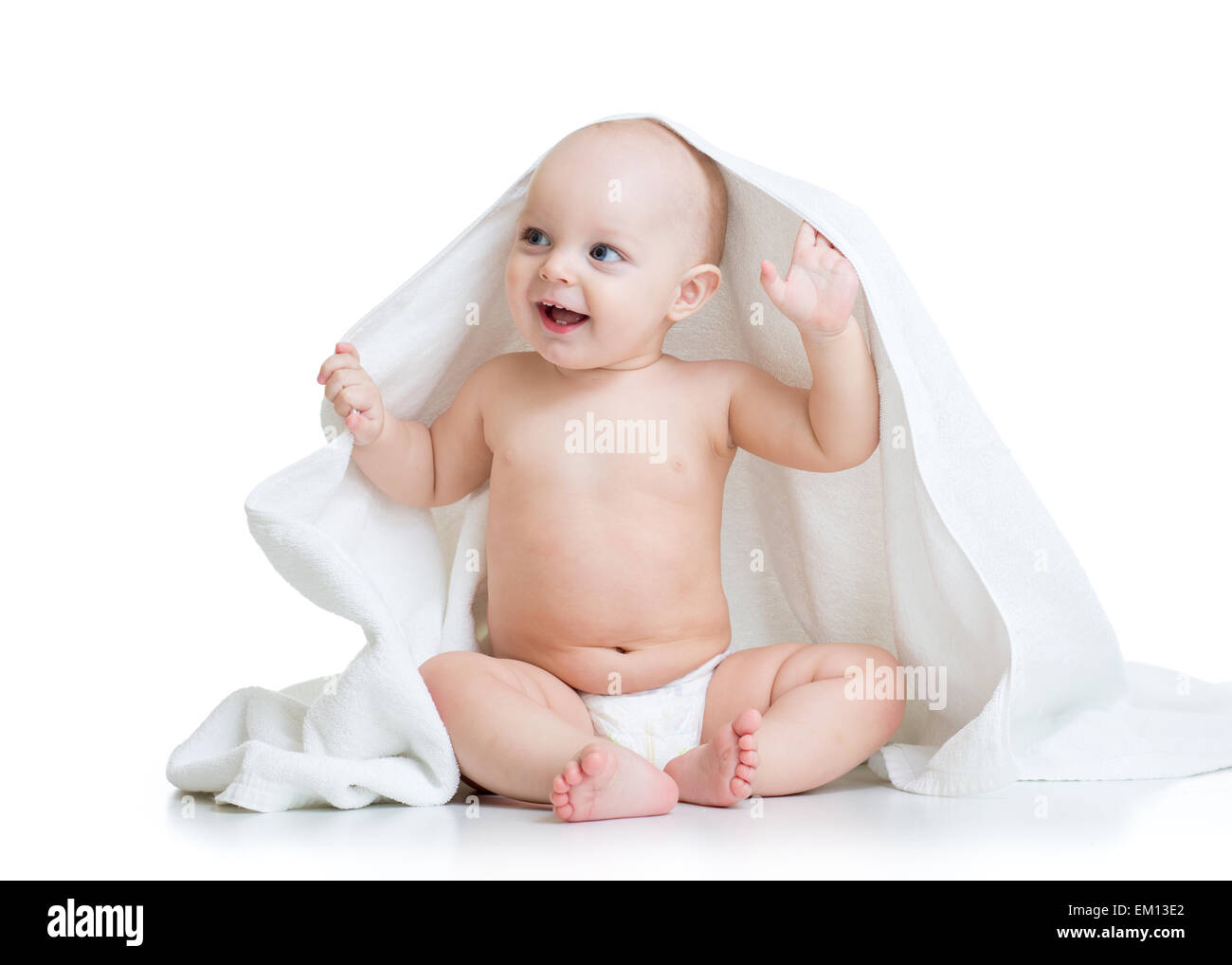 Cute baby with a towel after bath Stock Photo Alamy