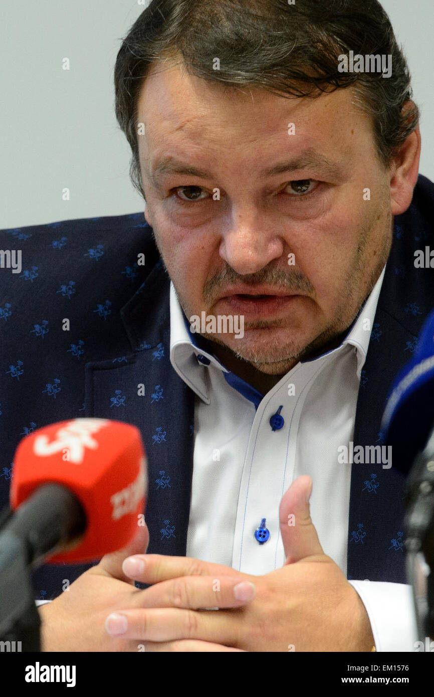 Tomas Kral, president of the Czech Ice Hockey Association, speaks at a briefing on the current scandal around the national ice-hockey team's coach, Vladimir Ruzicka, who is suspected of bribery in Prague, Czech Republic, April 15, 2015.The Czech Education, Sport and Youth Ministry will check the funding of ice hockey in 2012-2014 in reaction to the case of the national hockey team's coach, Vladimir Ruzicka, whom the father of a player accuses of bribery, minister Marcel Chladek told reporters today. (CTK Photo/Michal Kamaryt) Stock Photo