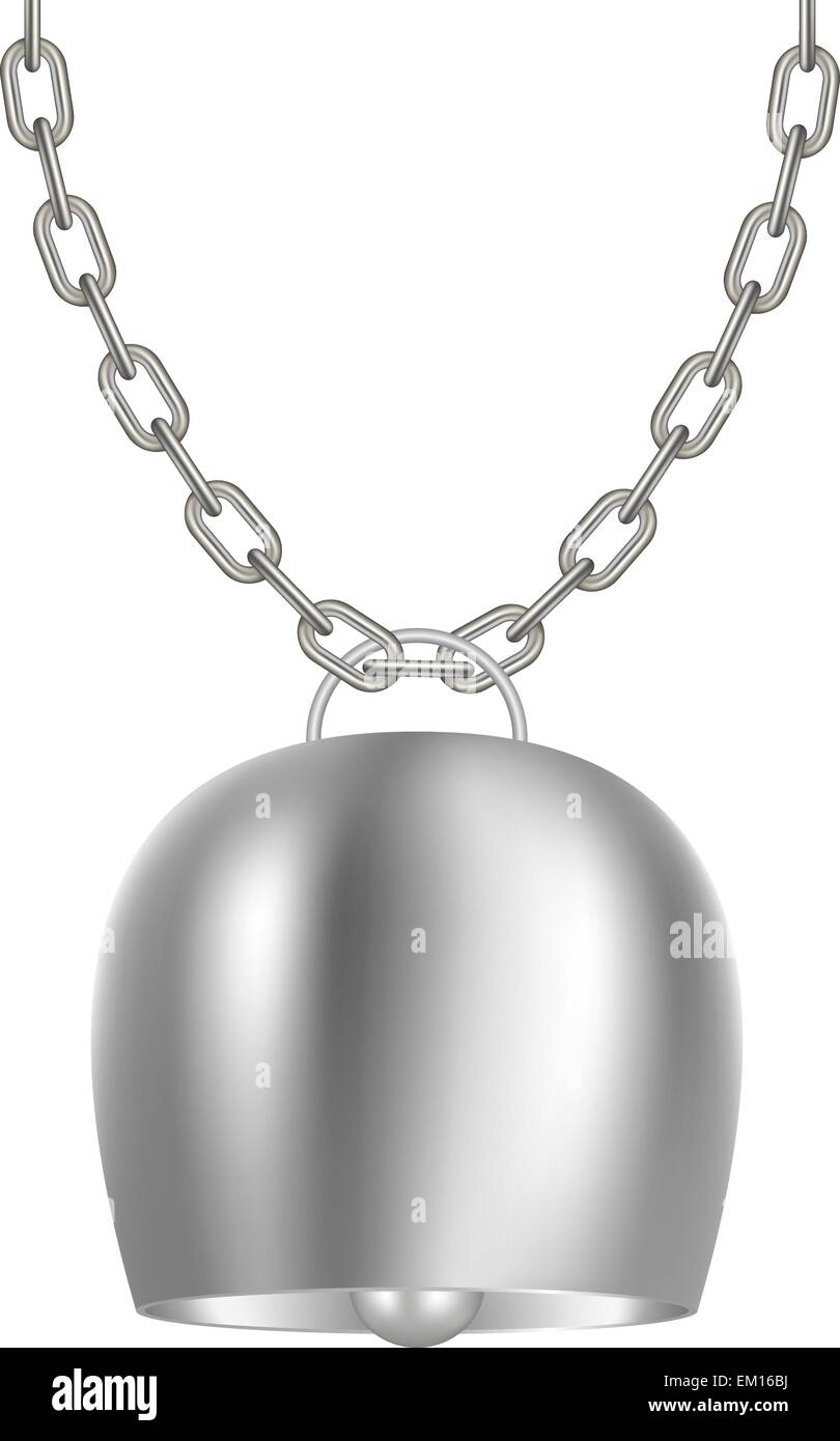 Cowbell hanging on silver chain Stock 