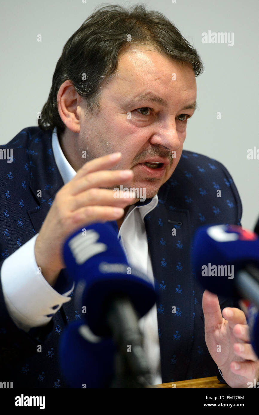 Tomas Kral, president of the Czech Ice Hockey Association, speaks at a briefing on the current scandal around the national ice-hockey team's coach, Vladimir Ruzicka, who is suspected of bribery in Prague, Czech Republic, April 15, 2015.The Czech Education, Sport and Youth Ministry will check the funding of ice hockey in 2012-2014 in reaction to the case of the national hockey team's coach, Vladimir Ruzicka, whom the father of a player accuses of bribery, minister Marcel Chladek told reporters today. (CTK Photo/Michal Kamaryt) Stock Photo