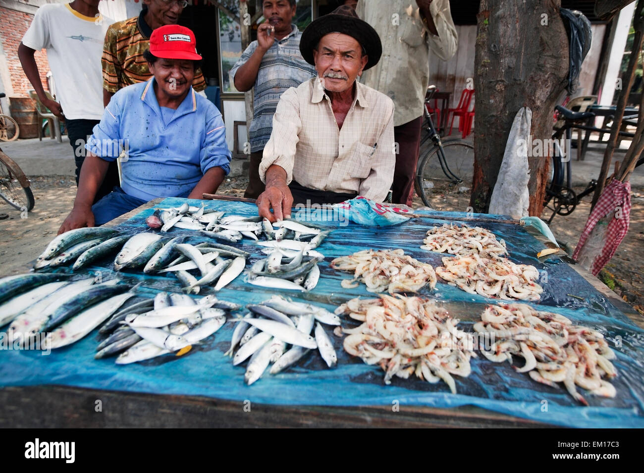 Two fishermen selling the morning catch, near Meulaboh; Aceh Province, Sumatra, Indonesia Stock Photo