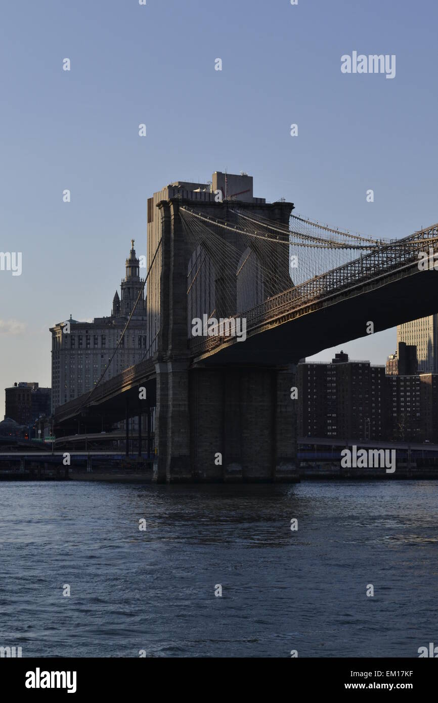 Photography of the Brooklyn bridge and NYC financial district from a ship in the East River Stock Photo