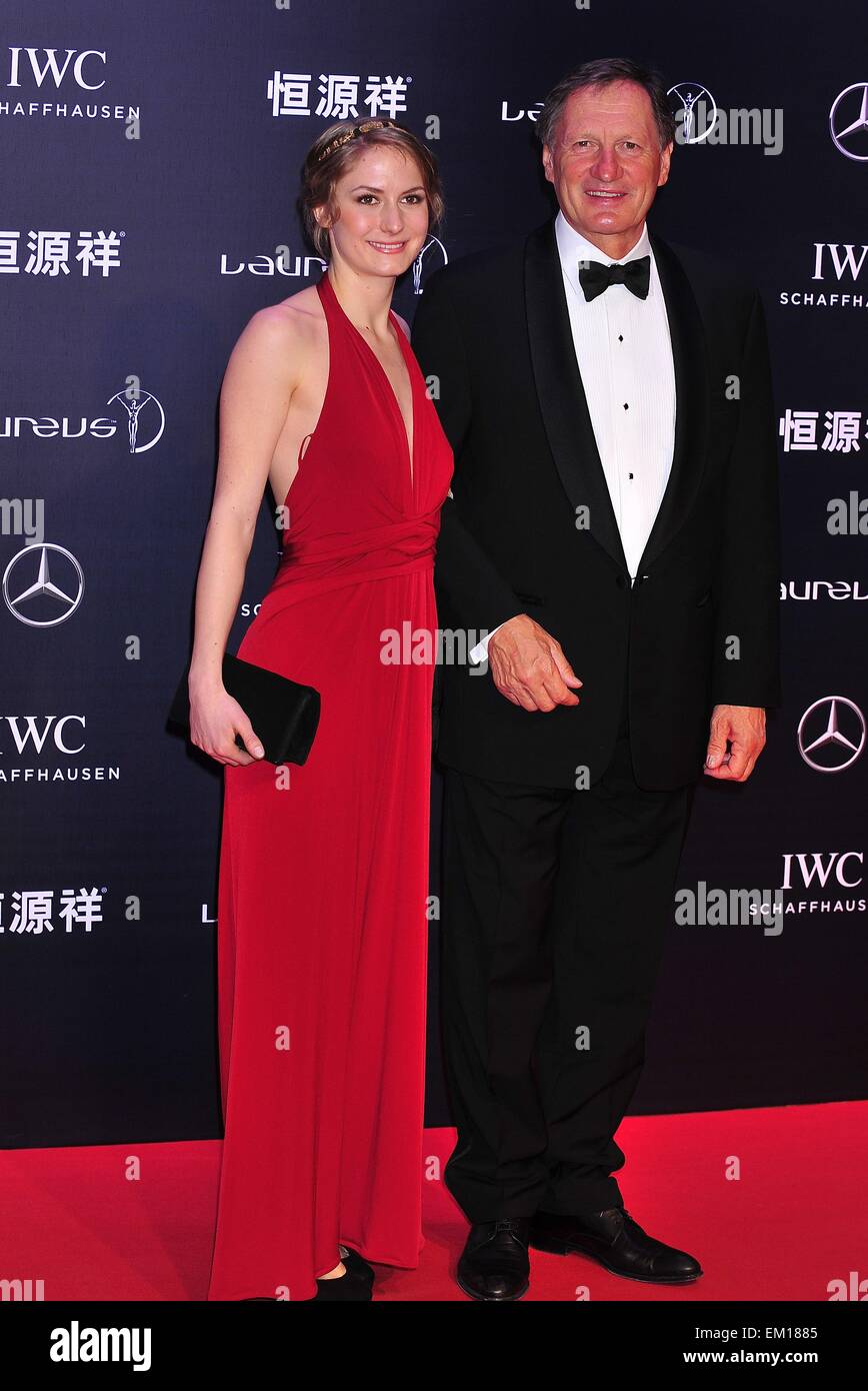 Shanghai, China. 15th April, 2015. Laureus World Sports Academy member  FRANZ KLAMMER and daughter STEPHANIE KLAMMER poses for photos on the red  carpet during arrivals for the Laureus Awards Edition - 2015
