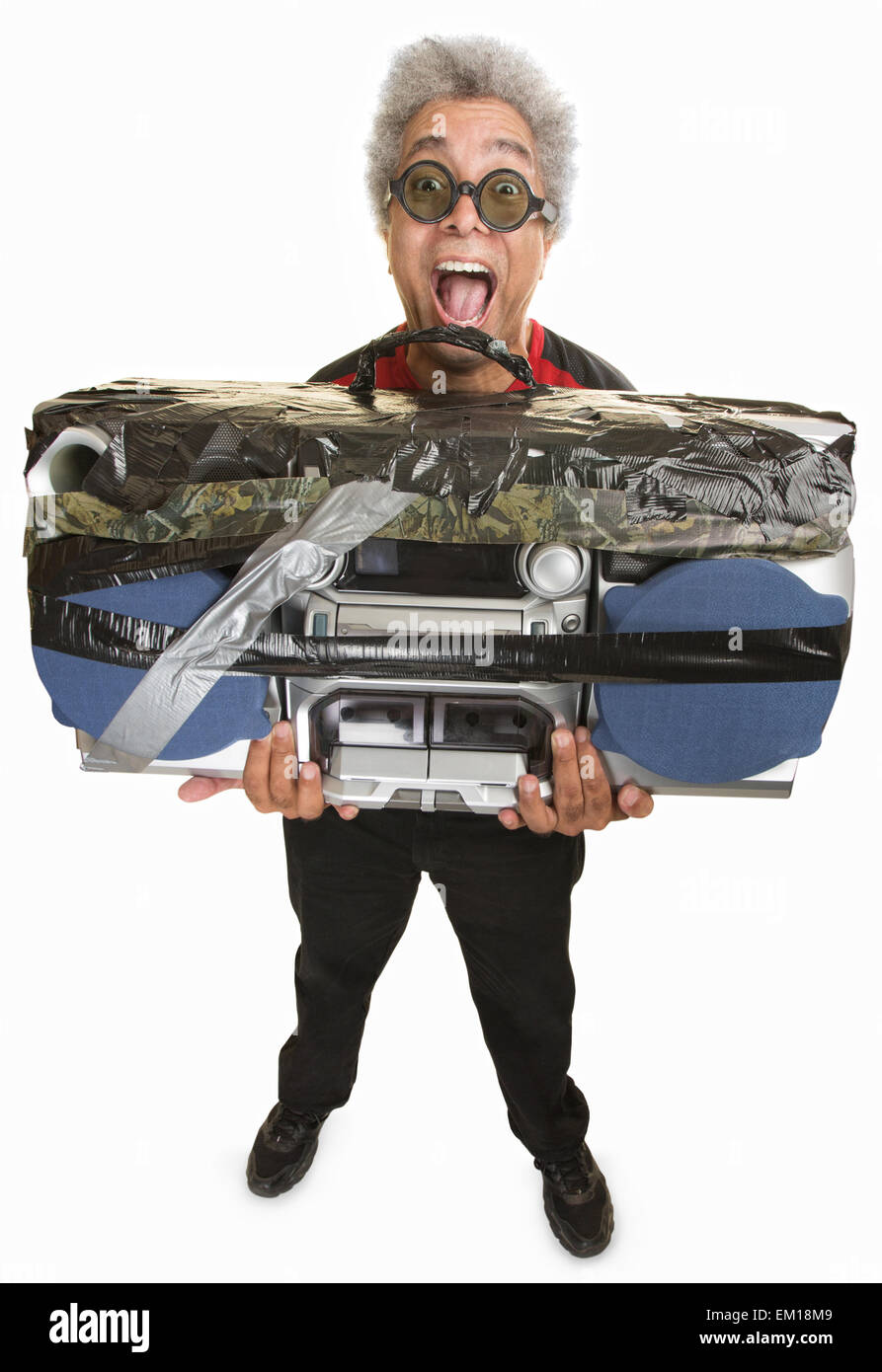Man with Taped Boom Box Stock Photo