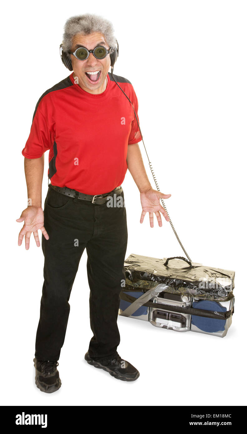 Excited Man with Old Radio Stock Photo