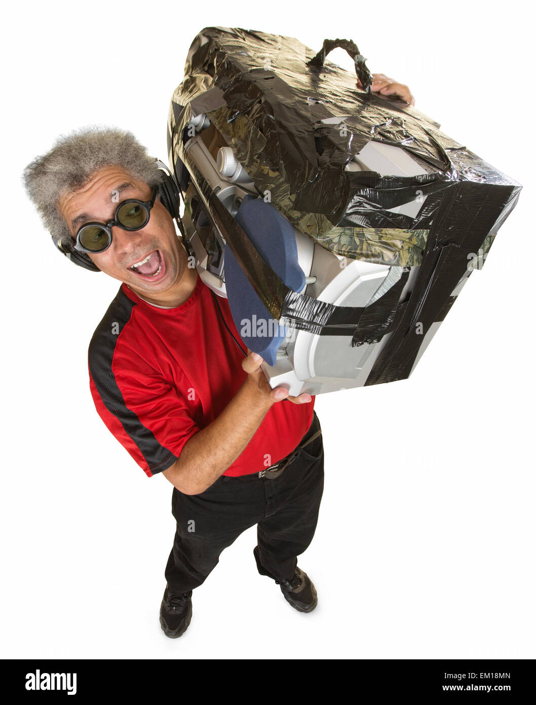 Smiling Man with Old Boom Box Stock Photo