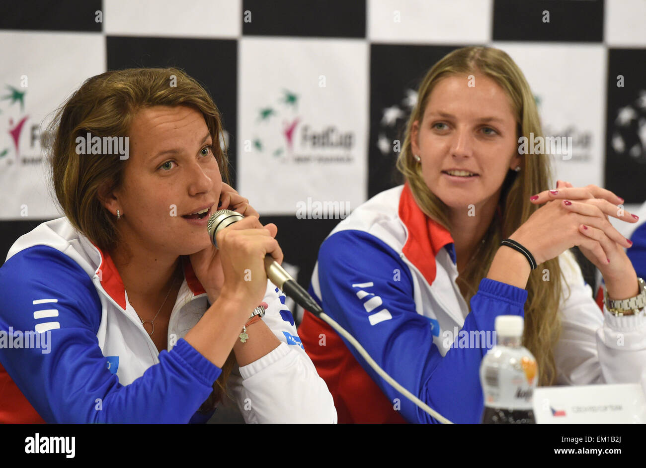 Czech tennis players, from left, Barbora Strycova and Karolina Pliskova are  seen during a press conference prior to the semifinal match of the world  group Fed Cup Czech Republic vs. France, in