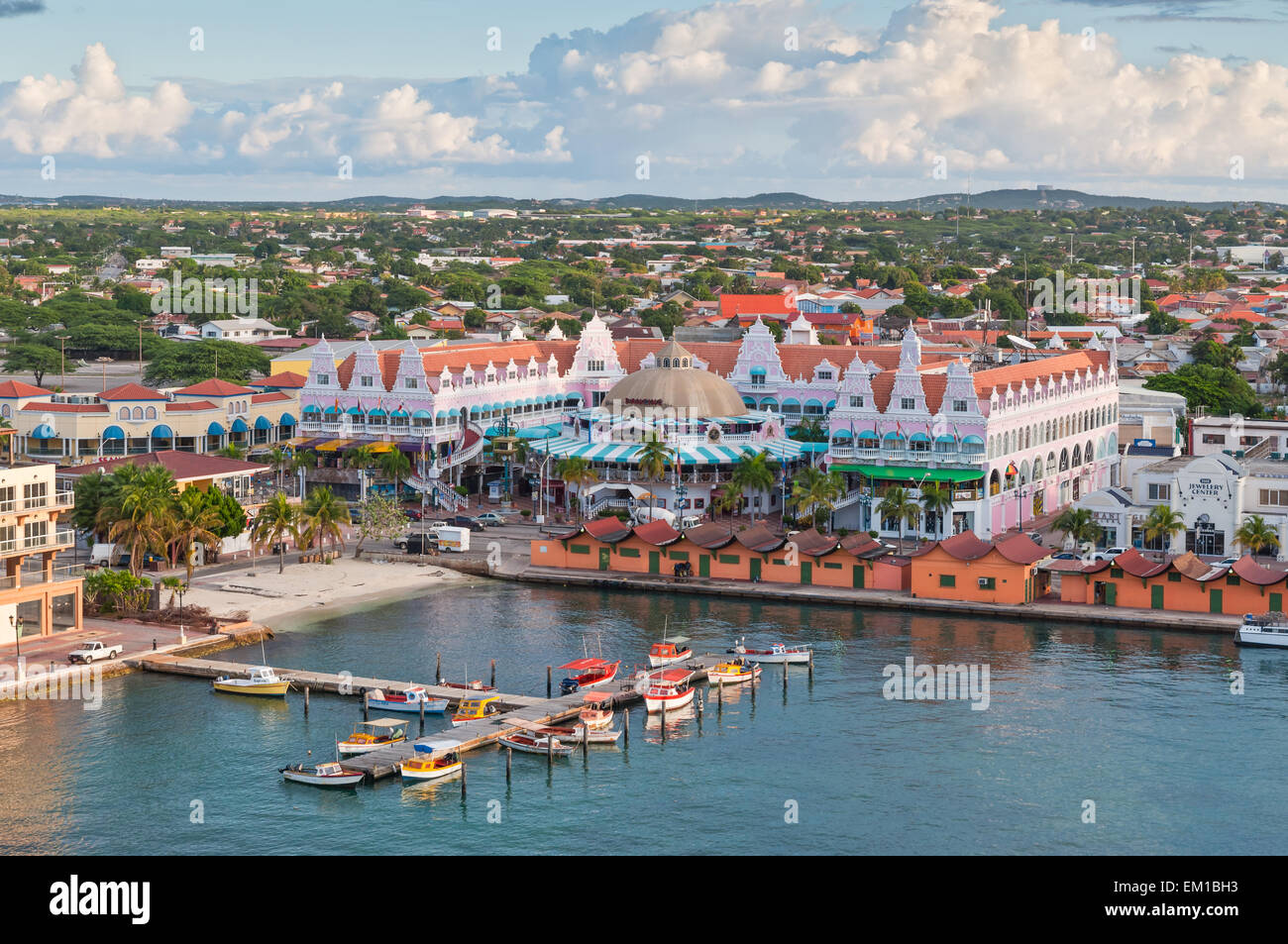 View from above of colorful buildings in Oranjestad on the island of Aruba in the morning Stock Photo