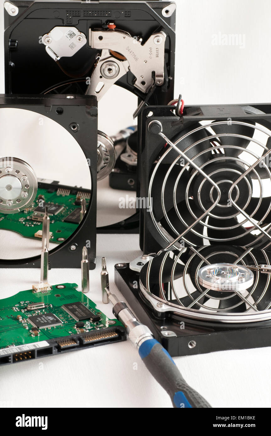 details of hard disk drive open and a fan Stock Photo