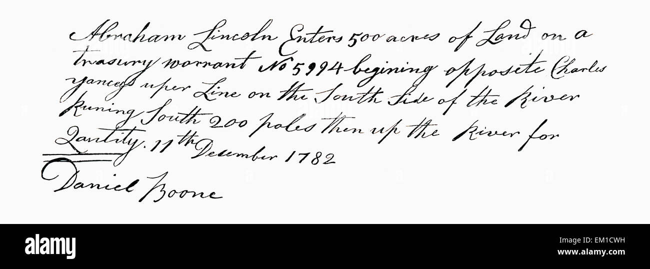 Facsimile from the field book of Daniel Boone recording the Lincoln claim on Licking River. Stock Photo