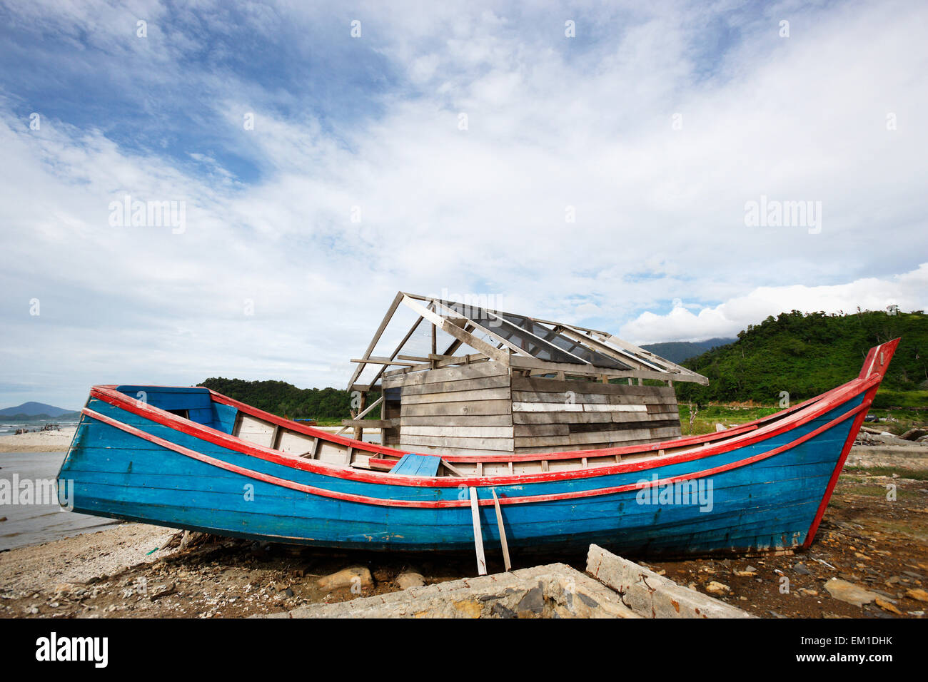 Fishing boats in Lhok Seudu village which was badly hit by the Indian Ocean tsunami; Aceh Province, Sumatra, Indonesia Stock Photo