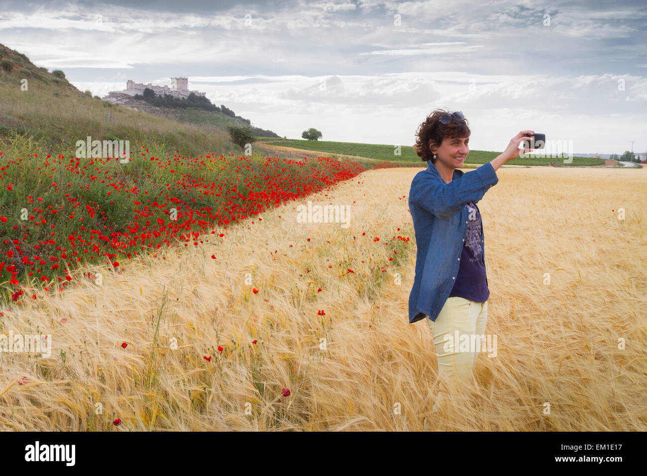 Woman in a wheat field. Peñafiel village. Ribera de Duero region. Valladolid. Castile and Leon. Spain, Europe. Stock Photo