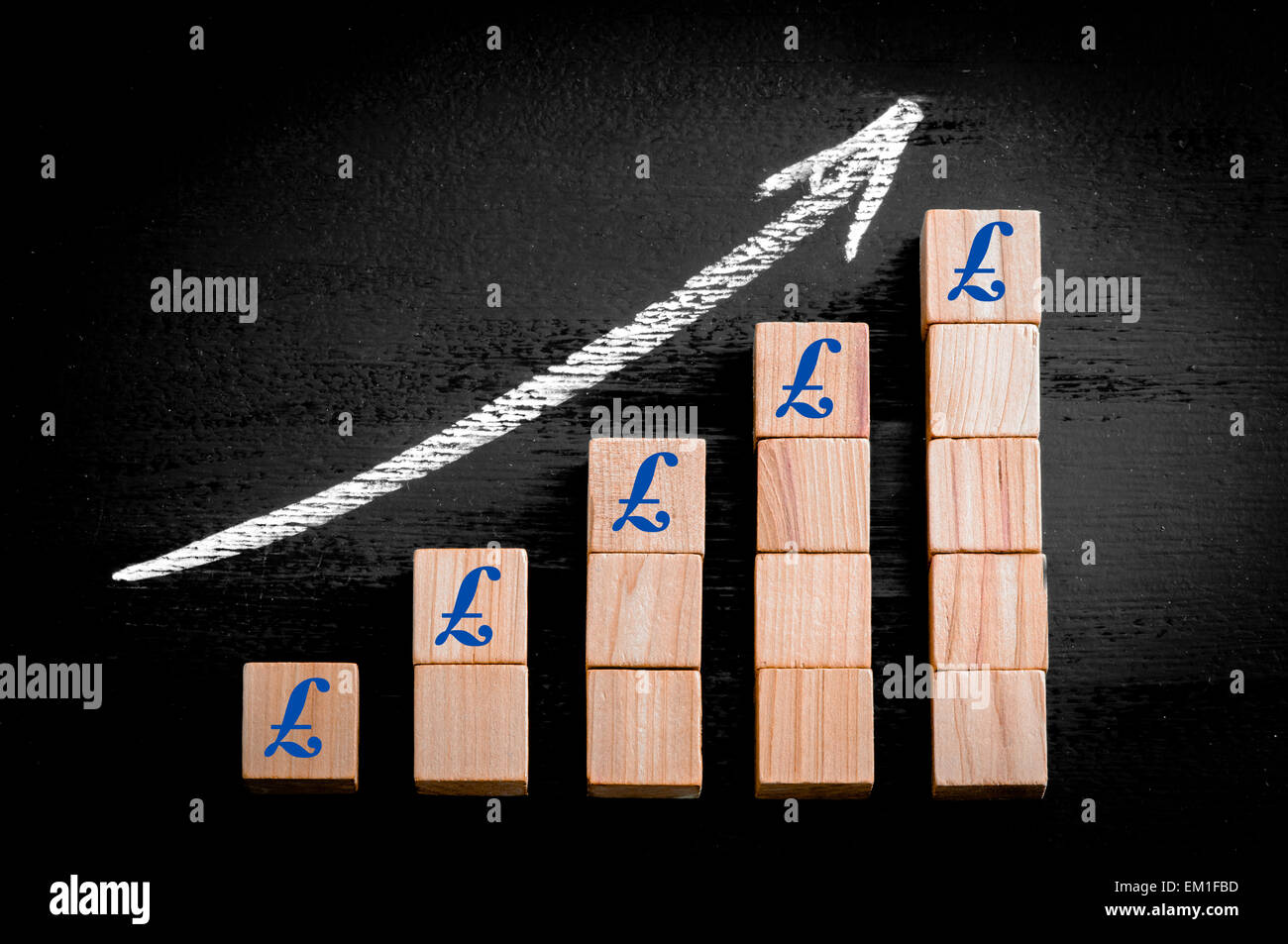 BRITISH POUND SIGN on ascending arrow above bar graph of Wooden small cubes isolated on black background. Chalk drawing on blackboard. Business Concept image. Stock Photo