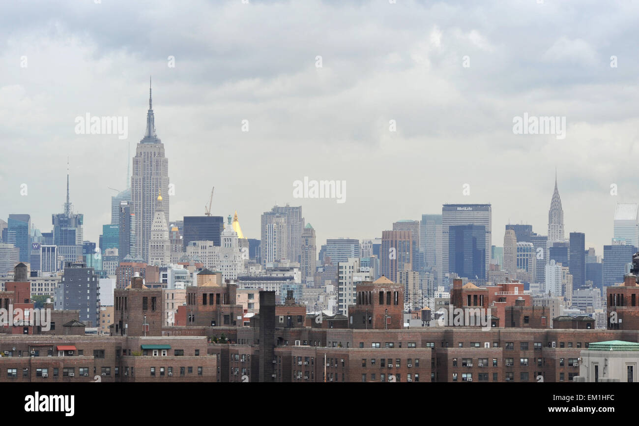Empire State Building and Chrysler Building among the New York Skyline seen from the Brooklyn Bridge Stock Photo