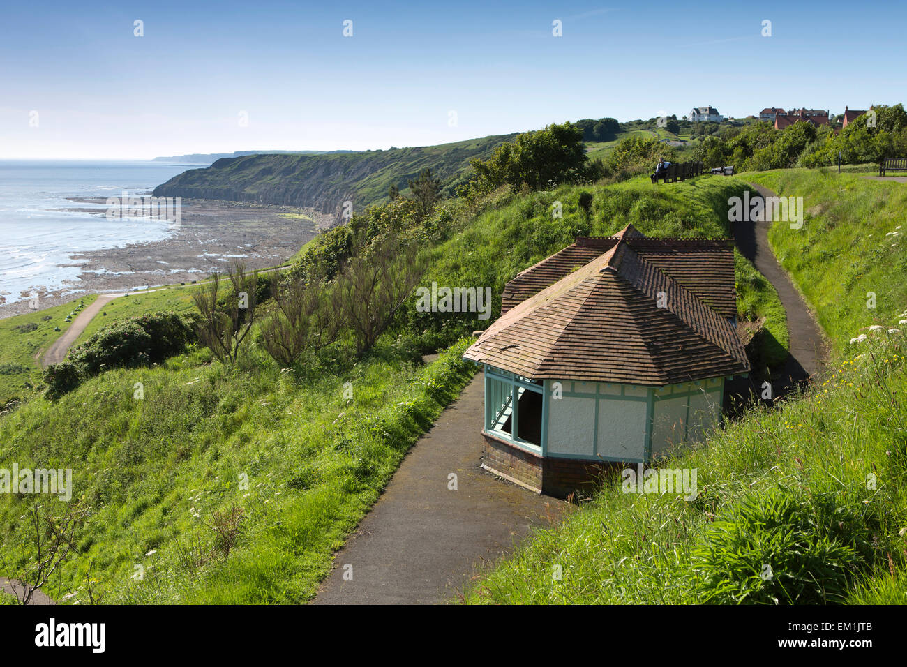 UK, England, Yorkshire, Scarborough, South Cliff, Holbeck Gardens, shelter with wonderful sea view Stock Photo