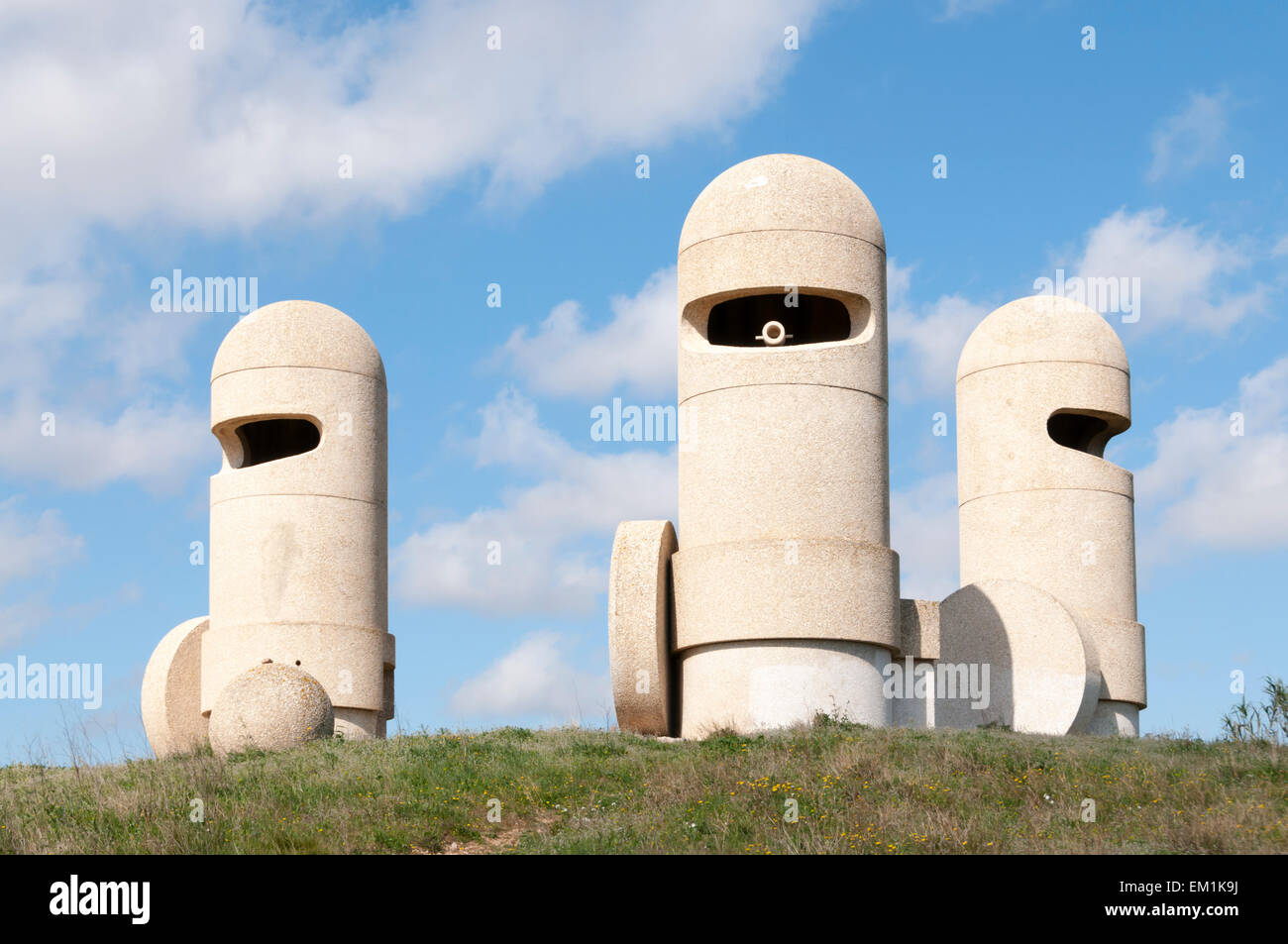 The Cathar Knights is a cement sculpture by Jacques Tissinier above the A61 autoroute at the Aire De Peche Loubat service area. Stock Photo