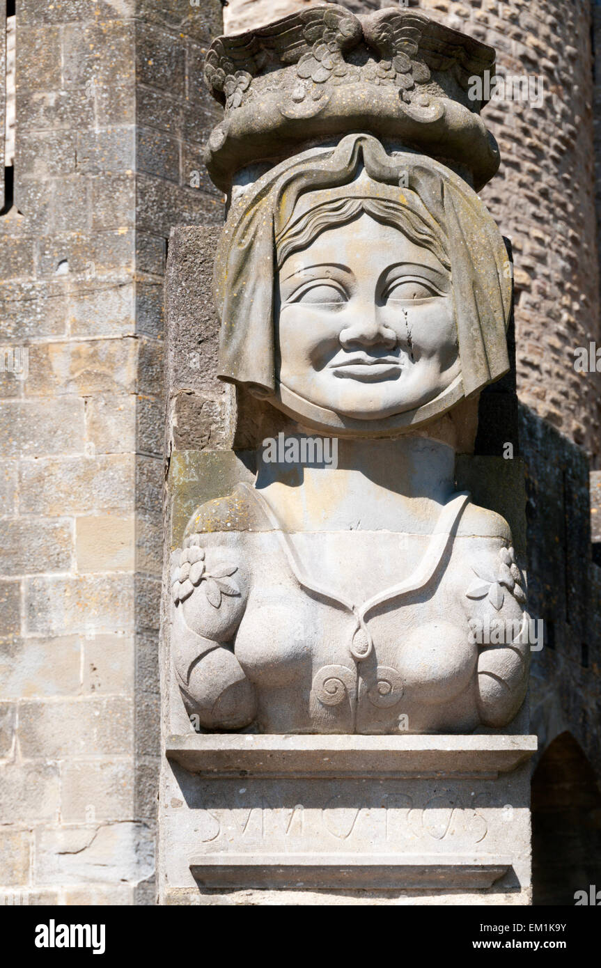 Modern reproduction of statue of Dame Carcas at Porte Narbonnaise or Narbonne Gate entry to La Cité, Carcassonne. Stock Photo