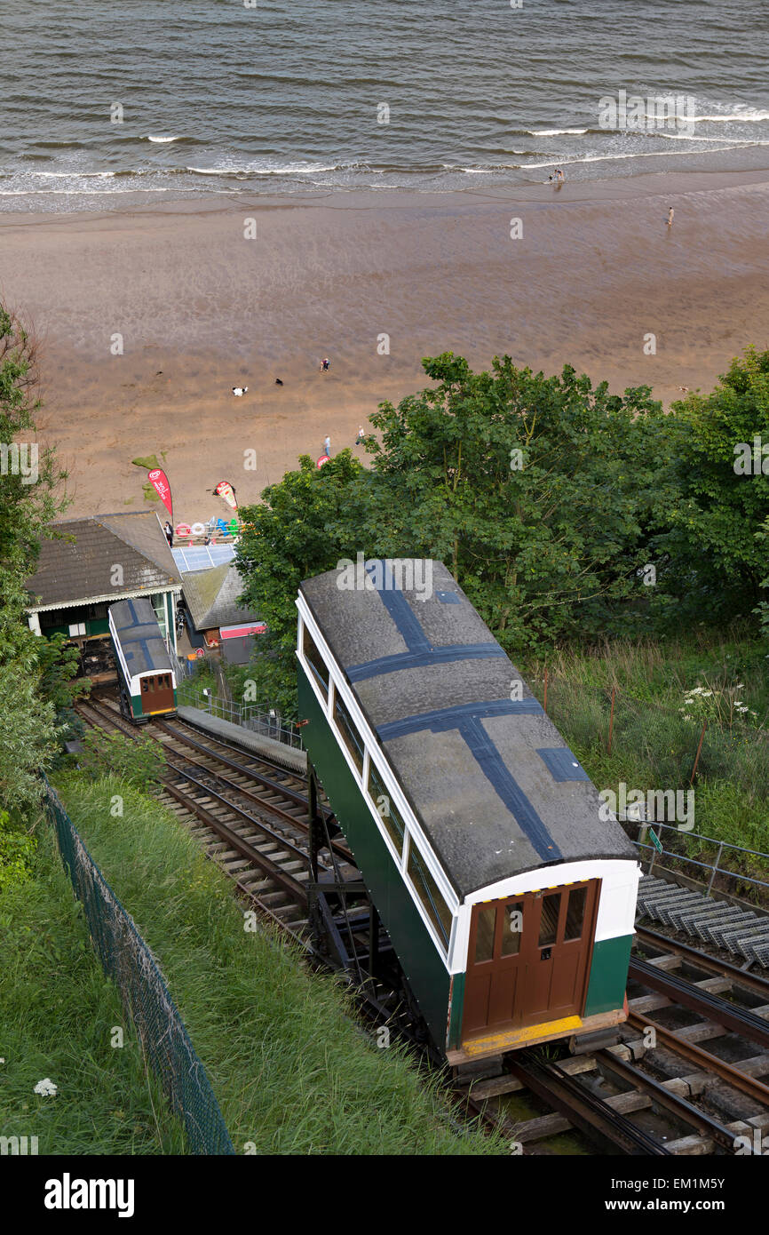 UK, England, Yorkshire, Scarborough, South Cliff, Spa Tramway above beach Stock Photo