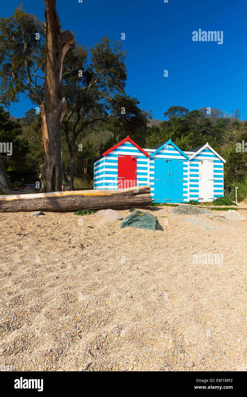 Colourful beach huts at Blackpool Sands in the South Hams. Devon England UK Europe. Stock Photo