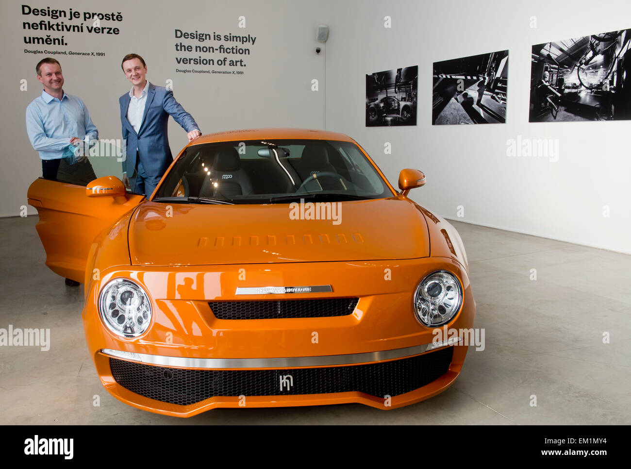 Contemporary Art, Prague. 15th Apr, 2015. The R200 Non-Fiction new automobile, designed by Petr Novague (right) and Marek Hoffmann (left), inspired by a legendary Czechoslovak automobile Skoda 130 RS, is exhibited in DOX - Centre of Contemporary Art, Prague, Czech Republic, April 15, 2015. © Vit Simanek/CTK Photo/Alamy Live News Stock Photo