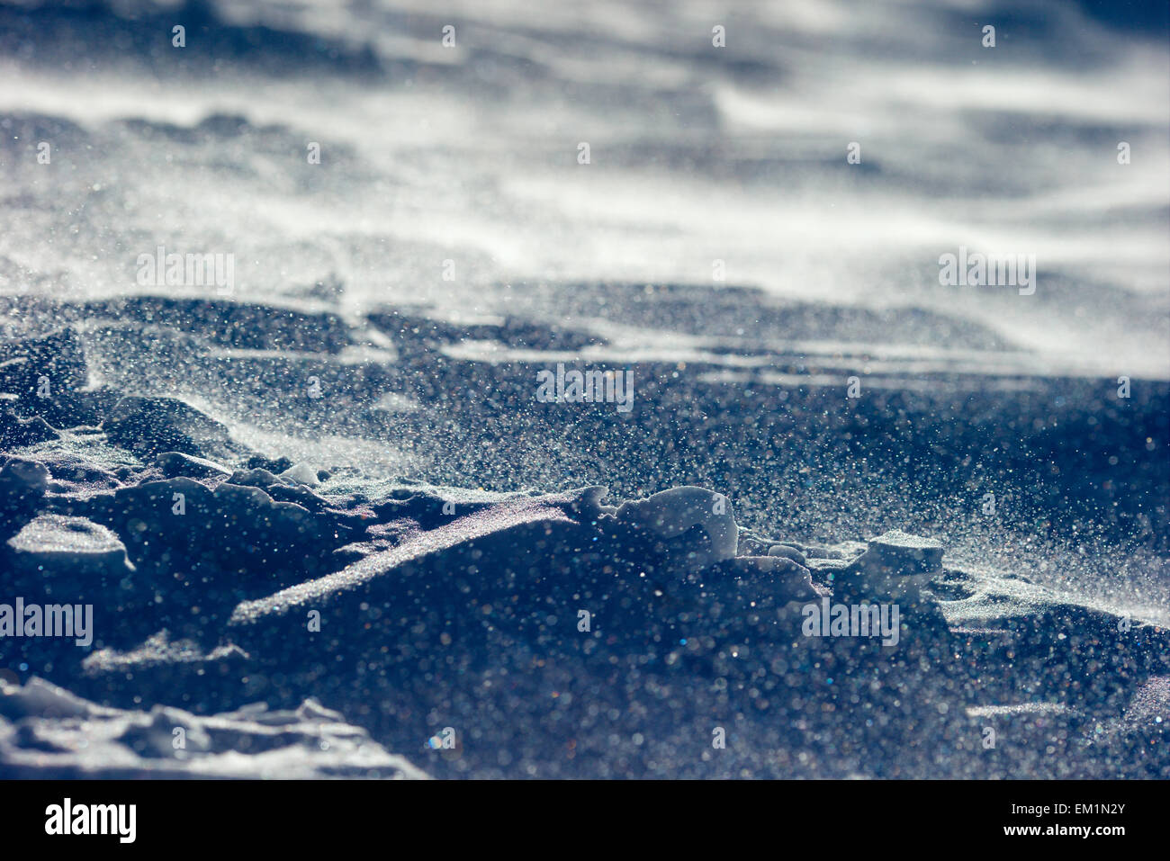 blizzard, close-up snowflakes and wind Stock Photo