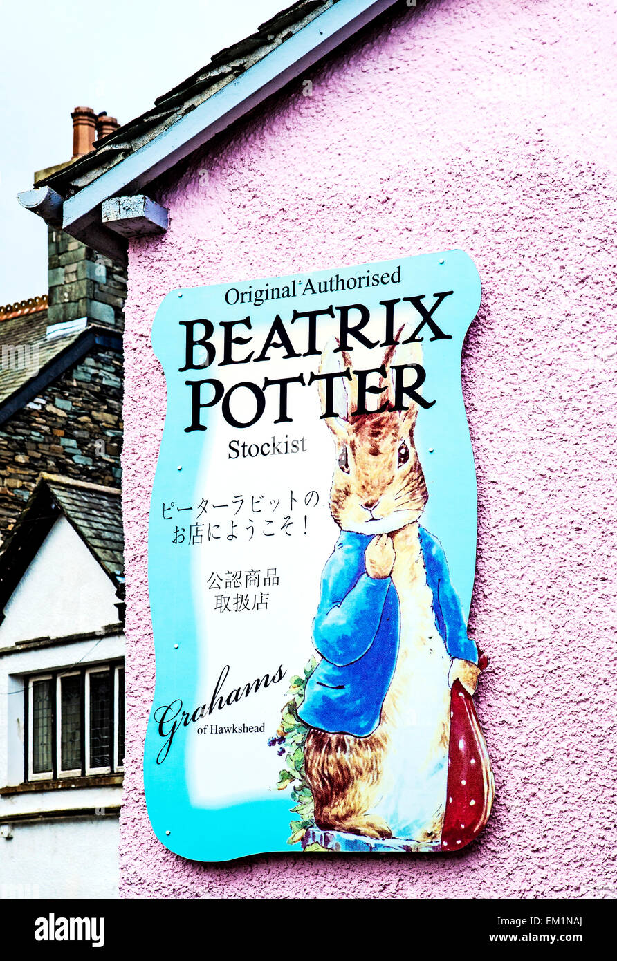 Hawkshead, village of Beatrix Potter and her creations; advertising; Werbung für Produkte von Beatrix Potter in Hawkshead Stock Photo