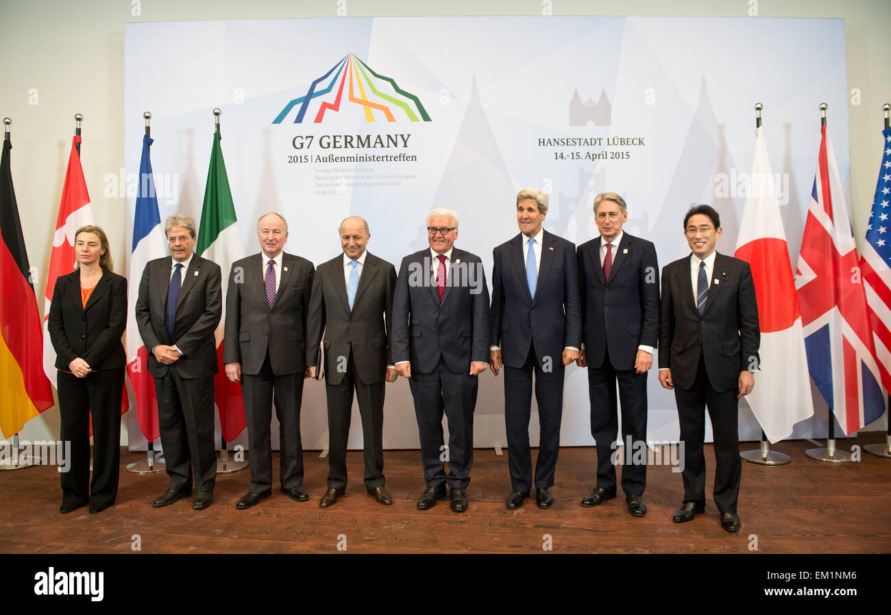 Luebeck, Germany. 15th Apr, 2015.  (L to R) EU Foreign Policy Chief Federica Mogherini, Italian Foreign Minister Paolo Gentiloni, Canadian Foreign Minister Robert Nicholson, French Foreign Minister Laurent Fabius, German Foreign Minister Frank-Walter Steinmeier, US Secretary of State John Kerry, British Foreign Secretary Philip Hammond and Japanese Foreign Minister Fumio Kishida pose for family photos prior to a plenary session of the meeting of the G7 Foreign Ministers in Luebeck, Germany, on April. 15, 2015. Credit:  Xinhua/Alamy Live News Stock Photo