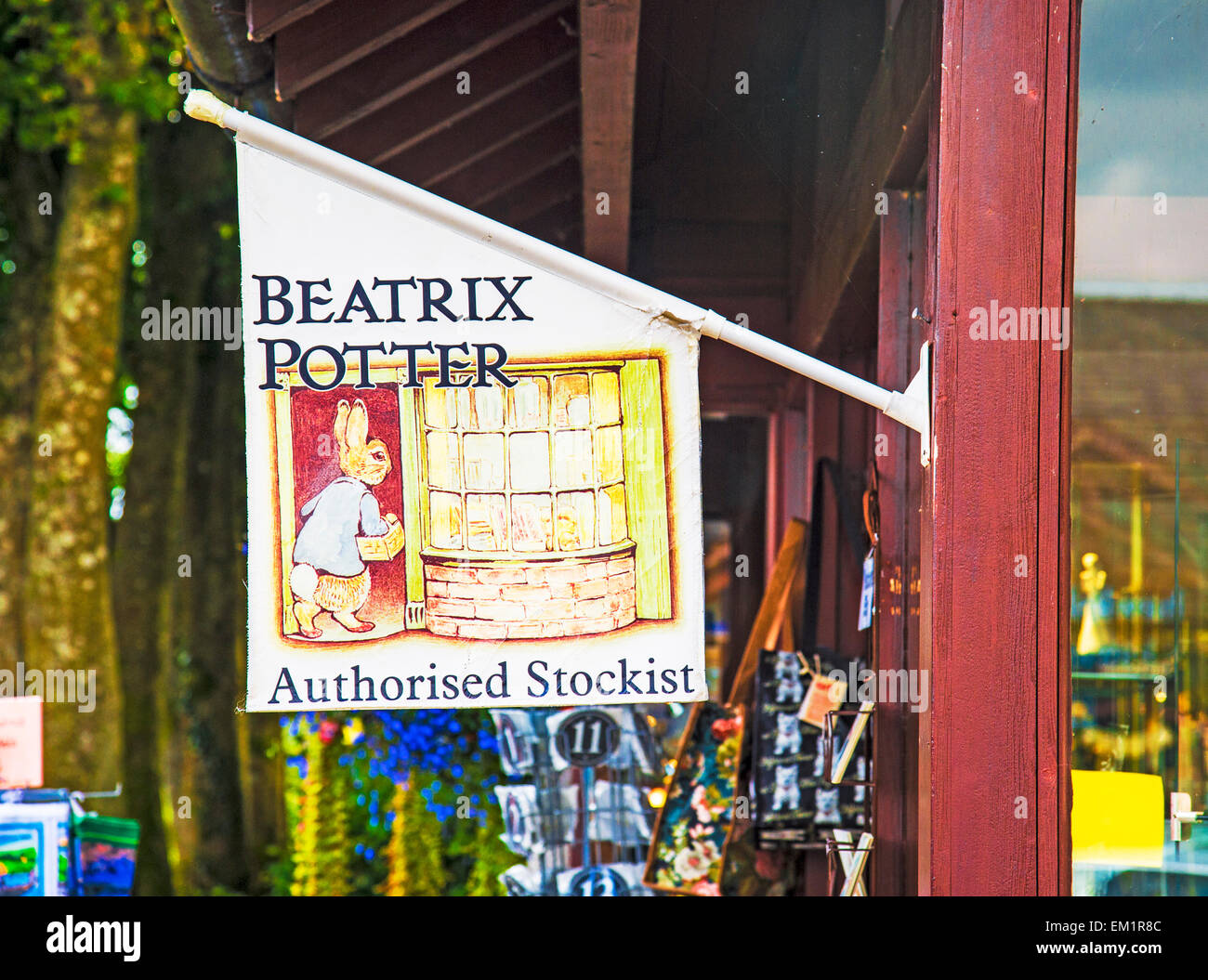 Hawkshead, village of Beatrix Potter and her creations; advertising; Werbung für Produkte von Beatrix Potter in Hawkshead Stock Photo