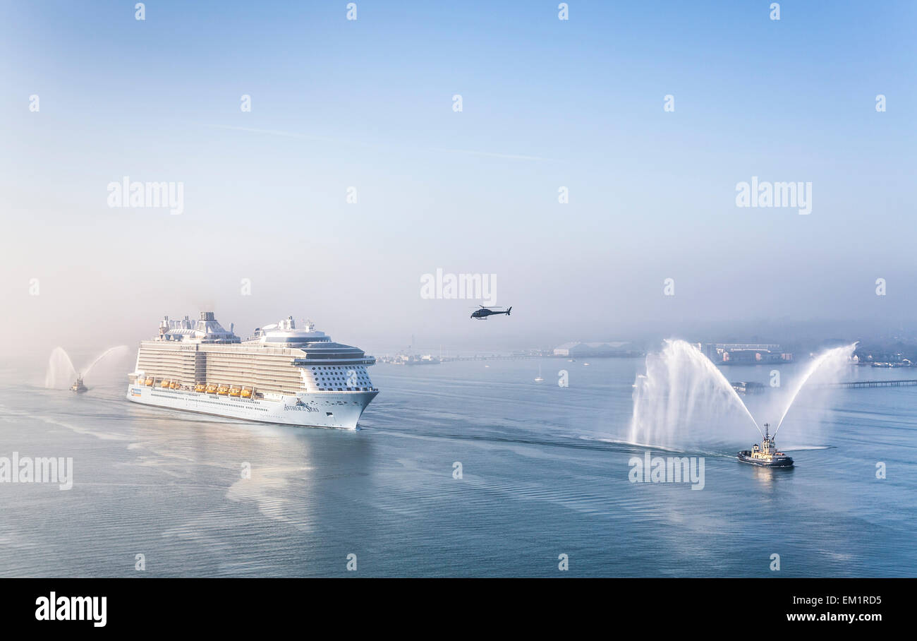 Royal Caribbean Cruise Lines' newest vessel, Anthem of the Seas, arrives into Southampton early this morning. Stock Photo