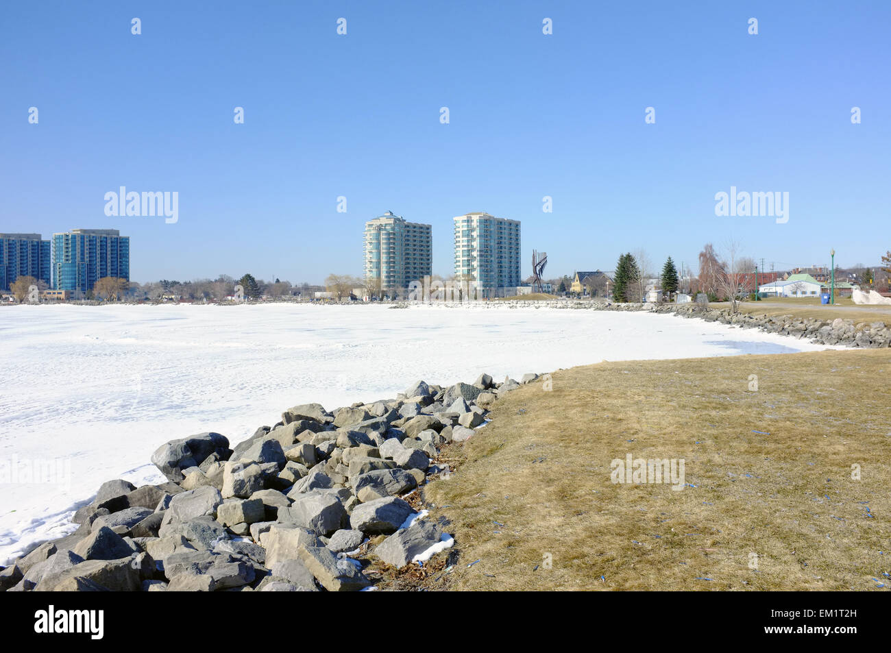 The frozen waters of Lake Simcoe next to the city of Barrie in Ontario. Stock Photo