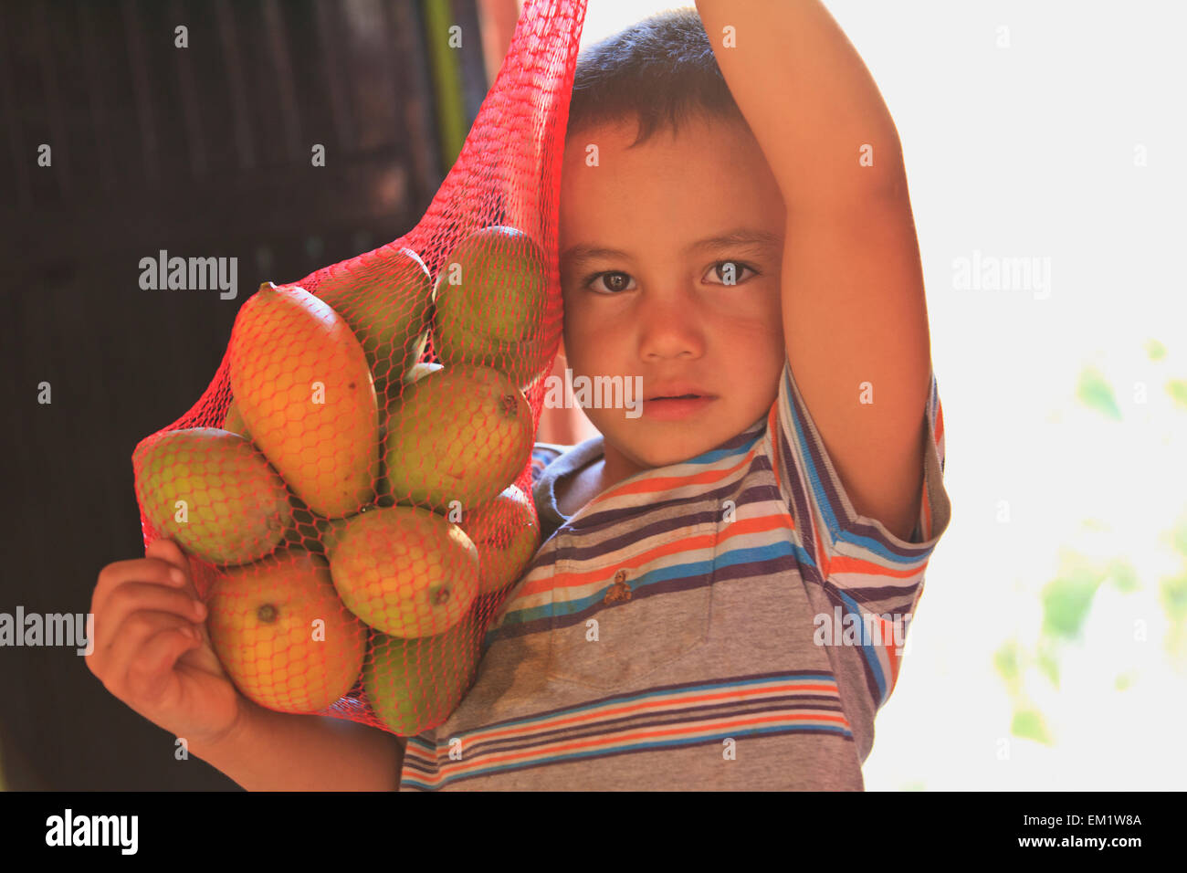 A Boy Holds Fruit In A Mesh Bag At A Roadside Fruit Stand Near Los Cabos Area; San Jose Del Cabo