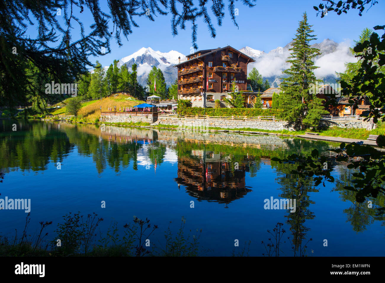 A hotel at the lake called Zum See in the village of Graechen in the Swiss region of Wallis, close to Zermatt. Stock Photo