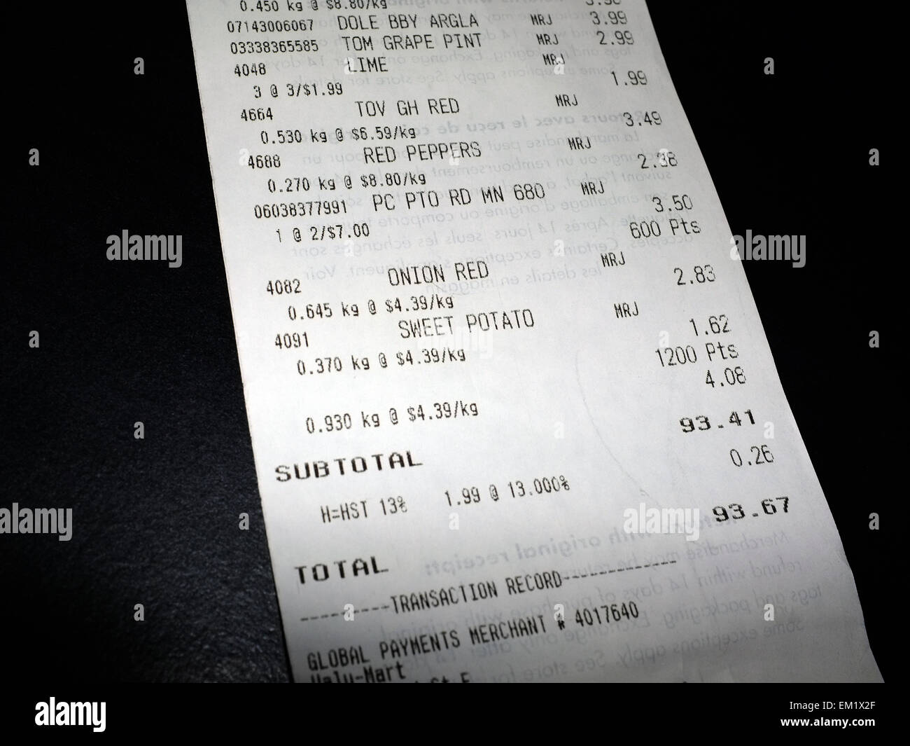 The total amount at the bottom of a long Canadian grocery receipt. Stock Photo