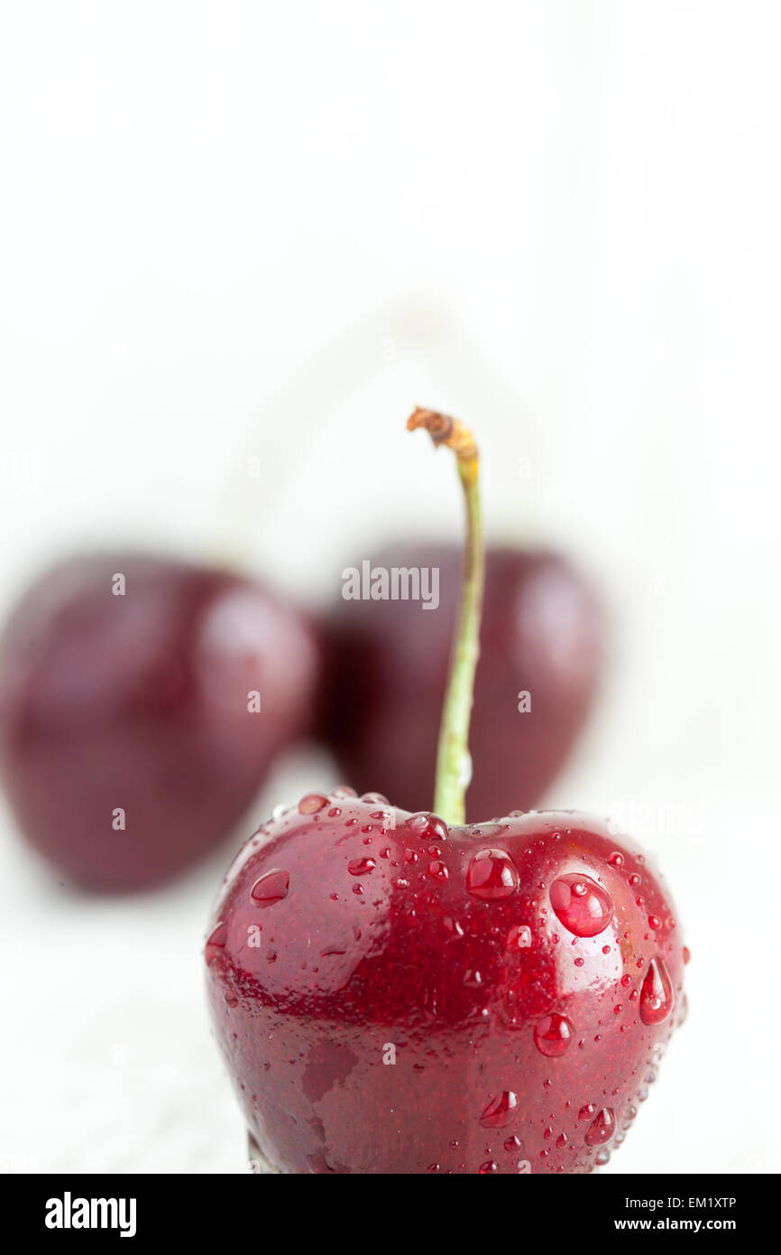 Close-up of a red cherry with droplets of water on it. Stock Photo