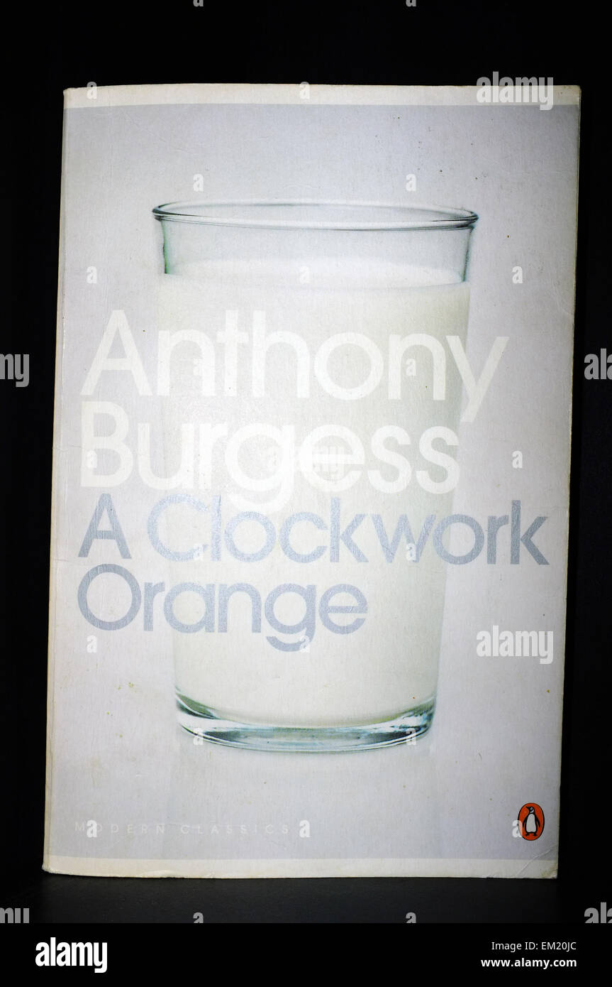 The front cover of A Clockwork Orange by Anthony Burgess photographed against a black background. Stock Photo