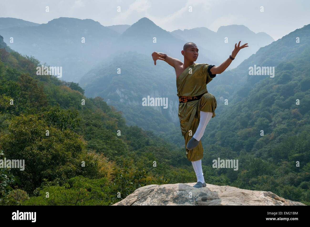 Monks of the Songshan Shaolin Temple perform near Shaoshi Mountain