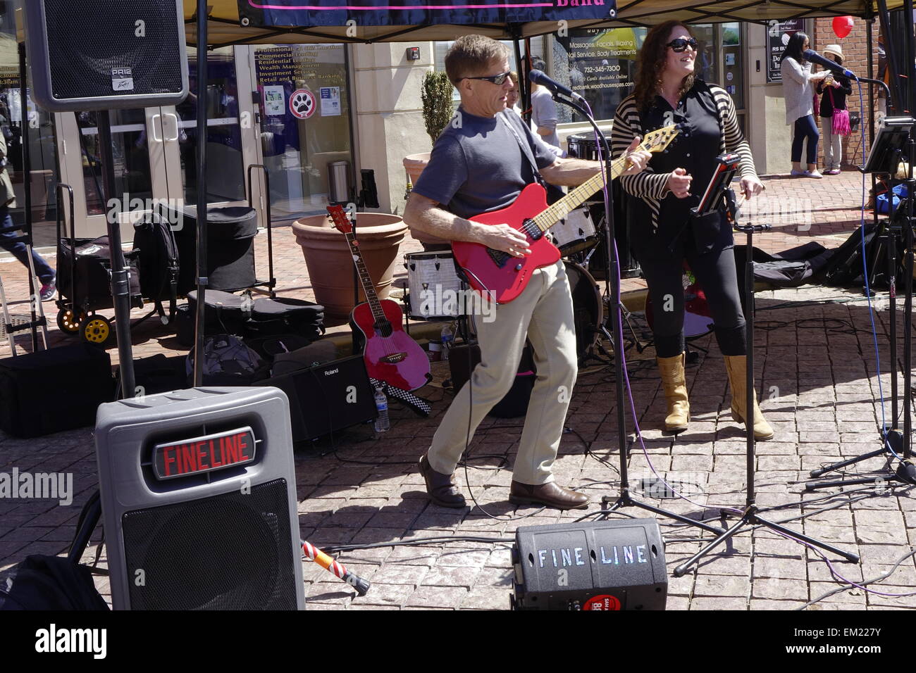 Red Bank, Middlesex County, New Jersey. Street Fair and Music Festival, April 2015. The Fine Line Band performs. Stock Photo