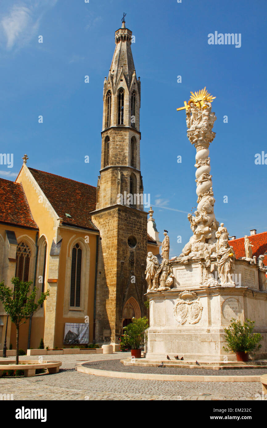 Trinity Column And The Goat Church In The Old Town Of Sopron; Gyor-Moson-Sopron Hungary Stock Photo