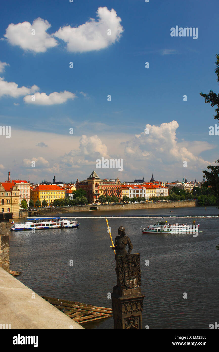 View Of Boats On The Vltava River From Charles Bridge Or Karluv Most; Prague Czech Republic Stock Photo