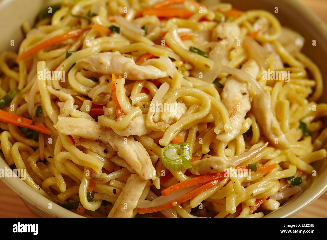 Hakka Fried Noodles with chicken, Indian/Chinese style (sometimes called 'Hakka' style) lo mein. Stock Photo