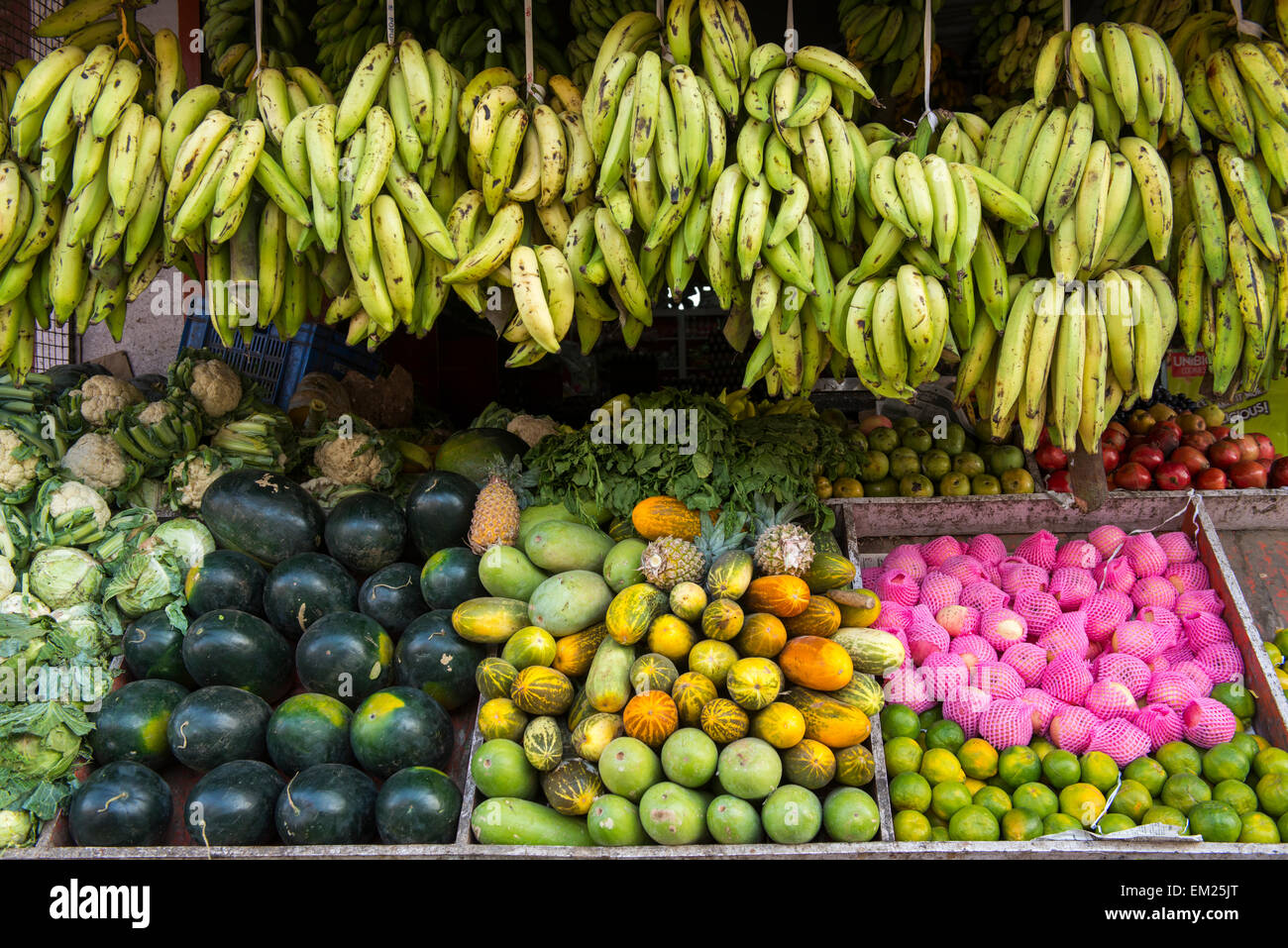 Fresh fruit for sale on a street market in Kumila, Kerala India Stock