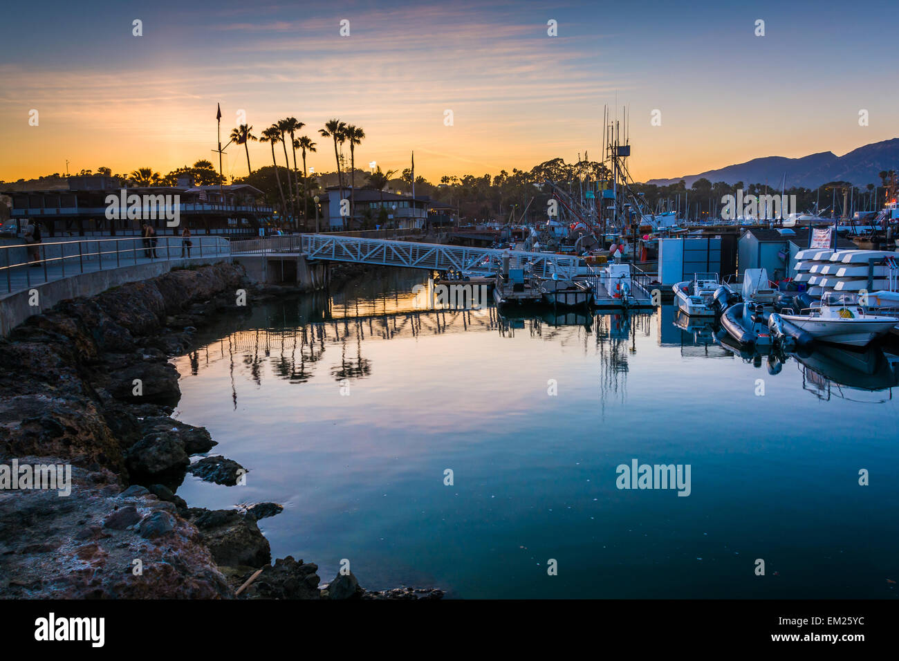 The harbor at sunset, in Santa Barbara, California. Stock Photo